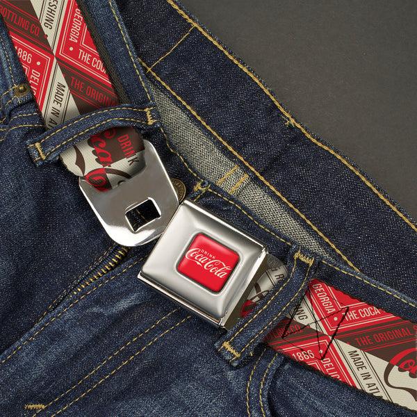 Buckle-Down DRINK COCA-COLA Logo Full Color Red/White Seatbelt Belt - DRINK COCA-COLA Coke Diamond Blocks Red/Brown/Beige Webbing