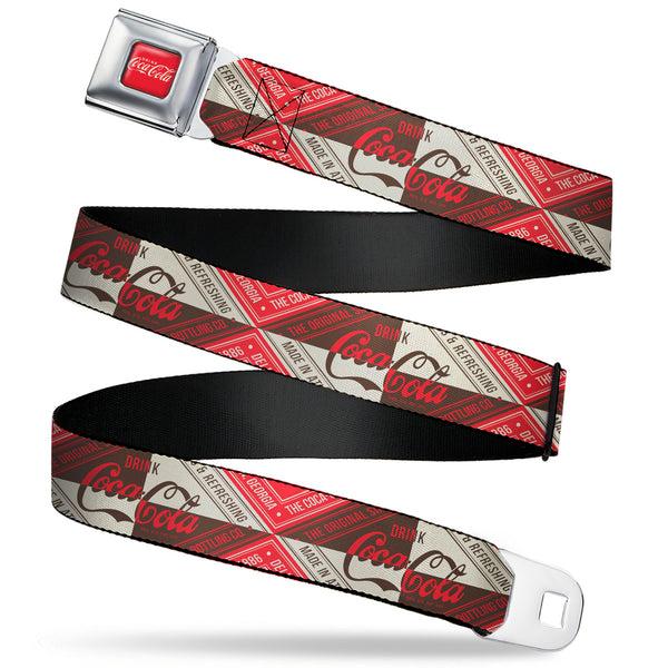 Buckle-Down DRINK COCA-COLA Logo Full Color Red/White Seatbelt Belt - DRINK COCA-COLA Coke Diamond Blocks Red/Brown/Beige Webbing