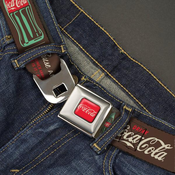 Buckle-Down DRINK COCA-COLA Logo Full Color Red/White Seatbelt Belt - Coca-Cola PAUSE AND REFRESH Typography And Bottle Brown/Red/White Webbing