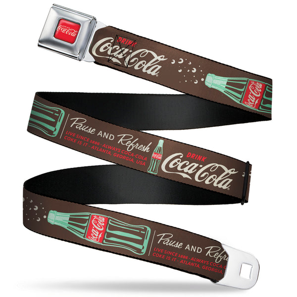 Buckle-Down DRINK COCA-COLA Logo Full Color Red/White Seatbelt Belt - Coca-Cola PAUSE AND REFRESH Typography and Bottle Brown/Red/White Webbing