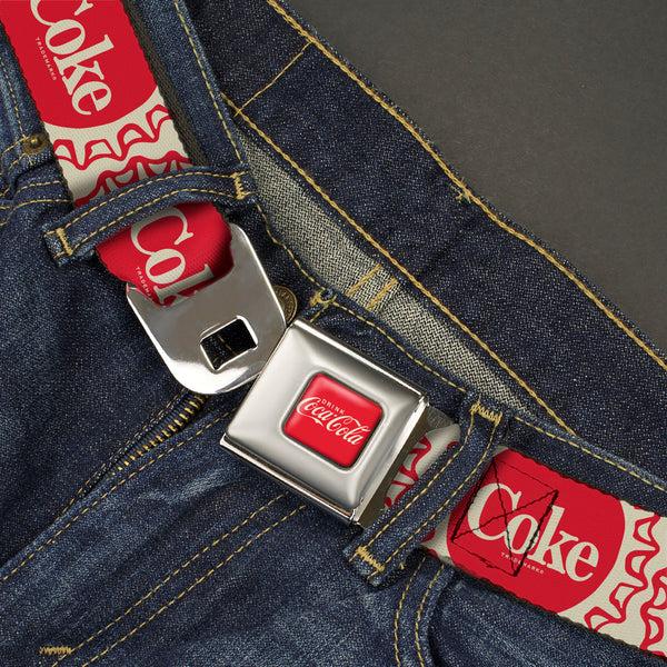 Buckle-Down DRINK COCA-COLA Logo Full Color Red/White Seatbelt Belt - Vintage COKE Bottle Caps White/Red Webbing