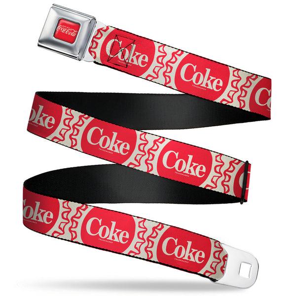 Buckle-Down DRINK COCA-COLA Logo Full Color Red/White Seatbelt Belt - Vintage COKE Bottle Caps White/Red Webbing