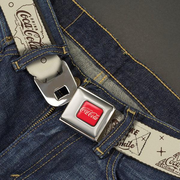 Buckle-Down DRINK COCA-COLA Logo Full Color Red/White Seatbelt Belt - Vintage Coca-Cola Coke Icons And Ad Logos White/Brown Webbing