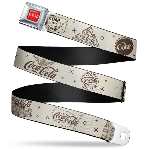 Buckle-Down DRINK COCA-COLA Logo Full Color Red/White Seatbelt Belt - Vintage Coca-Cola Coke Icons and Ad Logos White/Brown Webbing