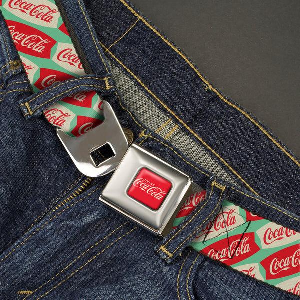 Buckle-Down DRINK COCA-COLA Logo Full Color Red/White Seatbelt Belt - Coca-Cola Script Marquee Logo Green/Red/White Webbing