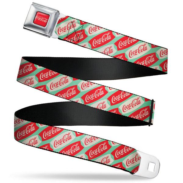 Buckle-Down DRINK COCA-COLA Logo Full Color Red/White Seatbelt Belt - Coca-Cola Script Marquee Logo Green/Red/White Webbing