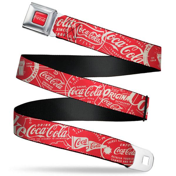 Buckle-Down DRINK COCA-COLA Logo Full Color Red/White Seatbelt Belt - Vintage Coca-Cola Coke Icons and Ad Logos Red/White Webbing