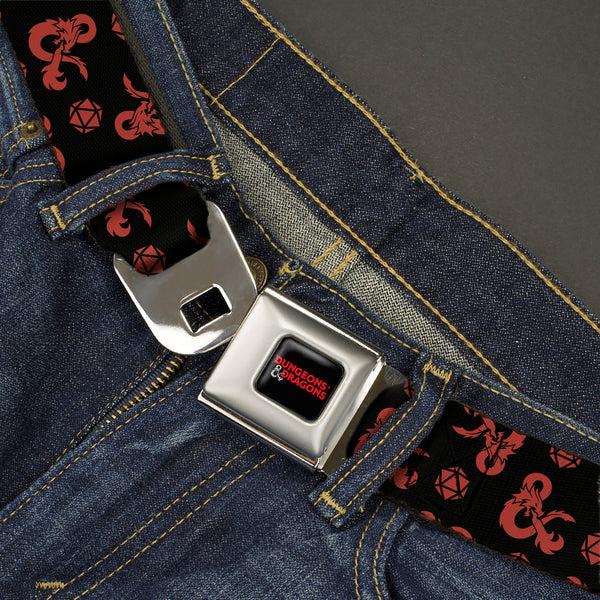 Buckle-Down DUNGEONS & DRAGONS Title Logo Full Color Black/Red Seatbelt Belt - Dungeons & Dragons Ampersand Icon And Dice Collage Black/Red Webbing