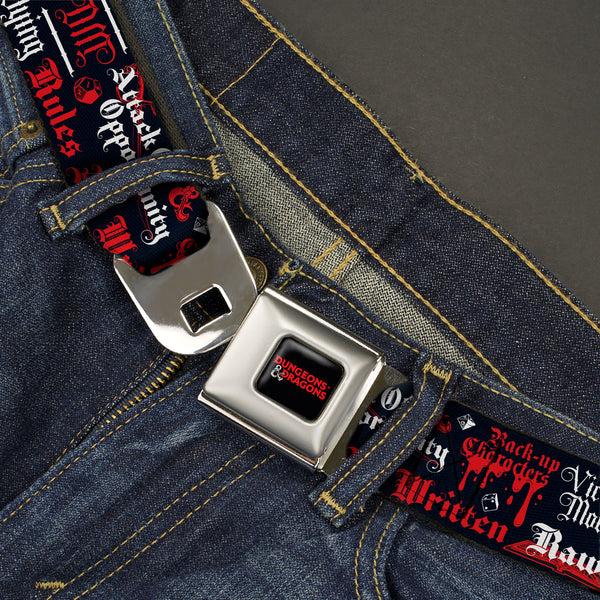 Buckle-Down DUNGEONS & DRAGONS Title Logo Full Color Black/Red Seatbelt Belt - Dungeons And Dragons DRAGON MASTER Collage Black/Red/White Webbing