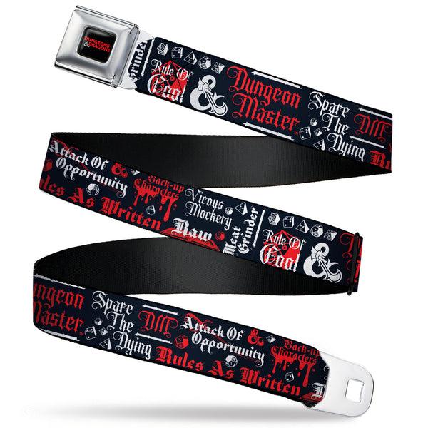 Buckle-Down DUNGEONS & DRAGONS Title Logo Full Color Black/Red Seatbelt Belt - Dungeons and Dragons DRAGON MASTER Collage Black/Red/White Webbing