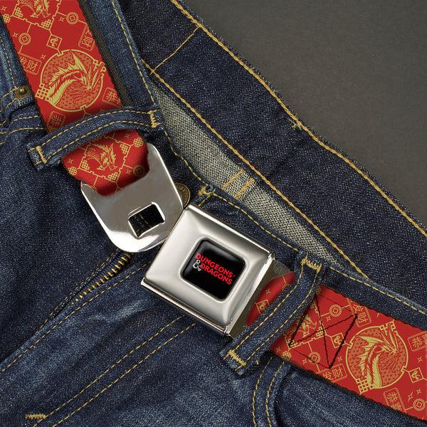 Buckle-Down DUNGEONS & DRAGONS Title Logo Full Color Black/Red Seatbelt Belt - Dungeons & Dragons Year Of The Dragon Icons Red/Yellow Webbing
