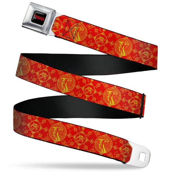 Buckle-Down DUNGEONS & DRAGONS Title Logo Full Color Black/Red Seatbelt Belt - Dungeons & Dragons Year of the Dragon Icons Red/Yellow Webbing