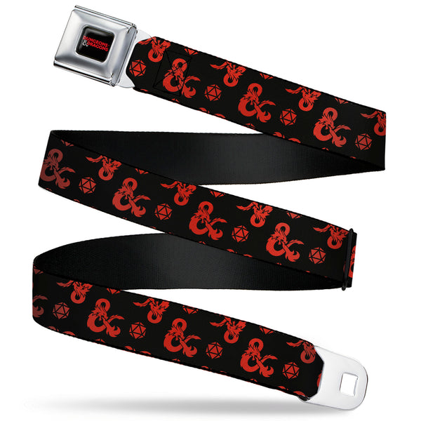 Buckle-Down DUNGEONS & DRAGONS Title Logo Full Color Black/Red Seatbelt Belt - Dungeons & Dragons Ampersand Icon and Dice Collage Black/Red Webbing