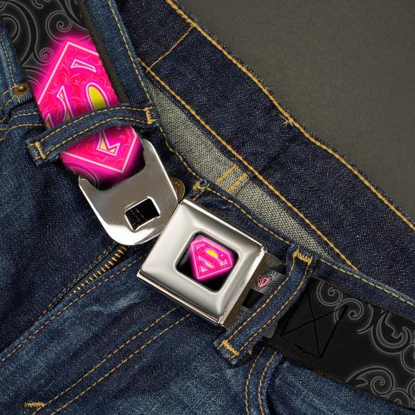 Buckle-Down Electric Supergirl Shield Full Color Black Hot Pink Yellow Seatbelt Belt - Electric Supergirl Shield/Swirl Black/Gray/Hot Pink/Yellow Webbing