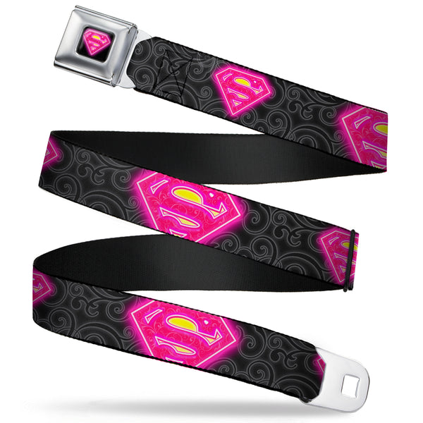 Buckle-Down Electric Supergirl Shield Full Color Black Hot Pink Yellow Seatbelt Belt - Electric Supergirl Shield/Swirl Black/Gray/Hot Pink/Yellow Webbing