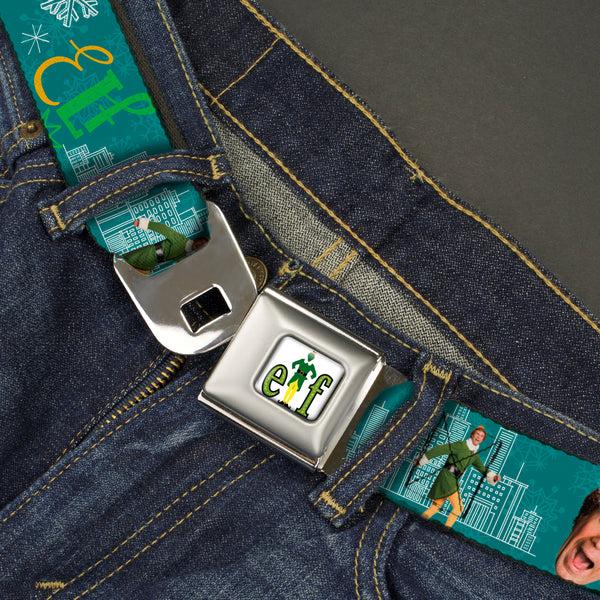 Buckle-Down ELF Buddy The Elf Logo Full Color White/Greens/Yellow Seatbelt Belt - Elf Buddy The Elf Poses And Quotes Collage Blue/Green/White Webbing