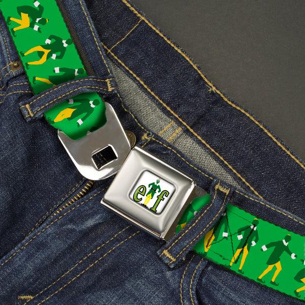 Buckle-Down ELF Buddy The Elf Logo Full Color White/Greens/Yellow Seatbelt Belt - Elf Buddy The Elf Silhouette Poses Greens/White/Yellow Webbing