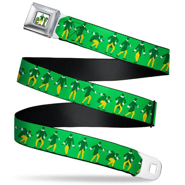 Buckle-Down ELF Buddy the Elf Logo Full Color White/Greens/Yellow Seatbelt Belt - Elf Buddy the Elf Silhouette Poses Greens/White/Yellow Webbing