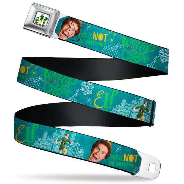 Buckle-Down ELF Buddy the Elf Logo Full Color White/Greens/Yellow Seatbelt Belt - Elf Buddy the Elf Poses and Quotes Collage Blue/Green/White Webbing