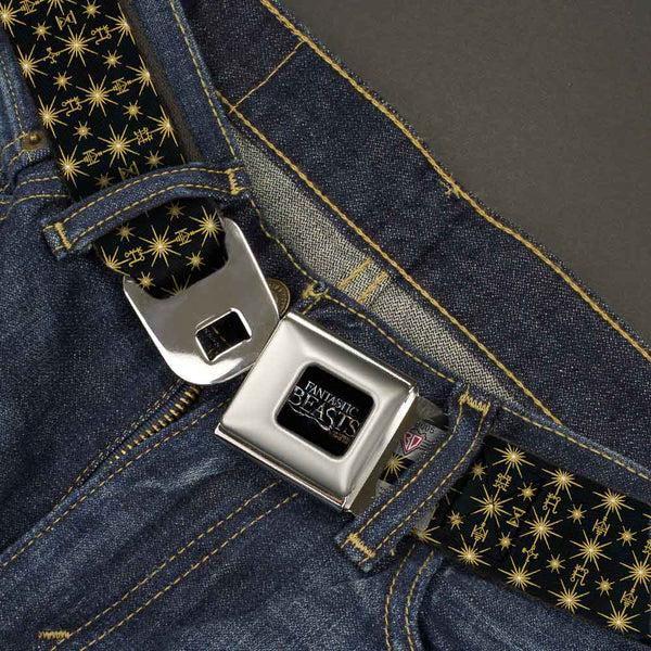 Buckle-Down FANTASTIC BEASTS AND WHERE TO FIND THEM Logo Full Color Black/Silver Fade Seatbelt Belt - Fantastic Beasts And Where To Find Them Icons2 Pattern Black/Golds Webbing