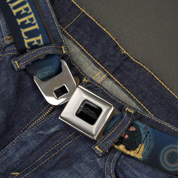 Buckle-Down FANTASTIC BEASTS THE CRIMES OF GRINDELWALD Logo Full Color Black/Silvers Seatbelt Belt - NIFFLER Gold Coin Pose/NS Monogam Blues/Gold Webbing