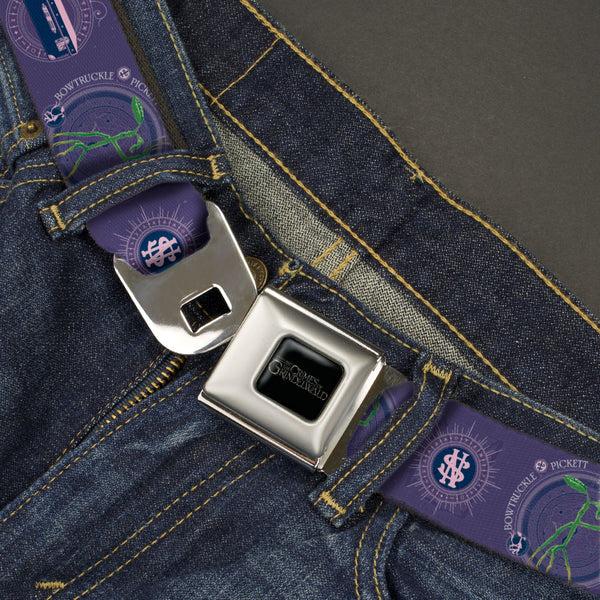 Buckle-Down FANTASTIC BEASTS THE CRIMES OF GRINDELWALD Logo Full Color Black/Silvers Seatbelt Belt - BOWTRUCKLE PICKETT Pose/Icons Purples/Blues/White Webbing