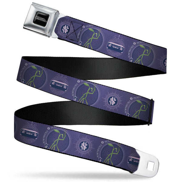 Buckle-Down FANTASTIC BEASTS THE CRIMES OF GRINDELWALD Logo Full Color Black/Silvers Seatbelt Belt - BOWTRUCKLE PICKETT Pose/Icons Purples/Blues/White Webbing