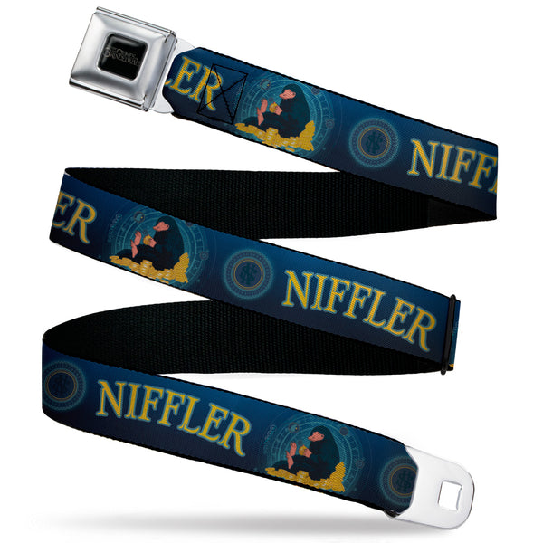 Buckle-Down FANTASTIC BEASTS THE CRIMES OF GRINDELWALD Logo Full Color Black/Silvers Seatbelt Belt - NIFFLER Gold Coin Pose/NS Monogam Blues/Gold Webbing