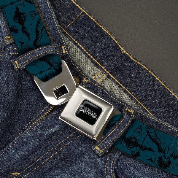 Buckle-Down FANTASTIC BEASTS THE CRIMES OF GRINDEWALD Logo Full Color Black/White Seatbelt Belt - Fantastic Beasts The Crimes Of Grindelwald Icons/Beasts Collage Blue/Black Webbing