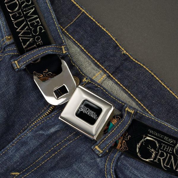 Buckle-Down FANTASTIC BEASTS THE CRIMES OF GRINDEWALD Logo Full Color Black/White Seatbelt Belt - FANTASTIC BEASTS THE CRIMES OF GRINDELWALD 3-Character Group Pose2 Black/Silvers Webbing