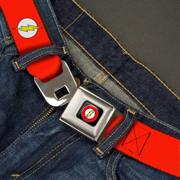 Buckle-Down Flash Logo Black Seatbelt Belt - Flash Logo Red/White/Yellow Webbing