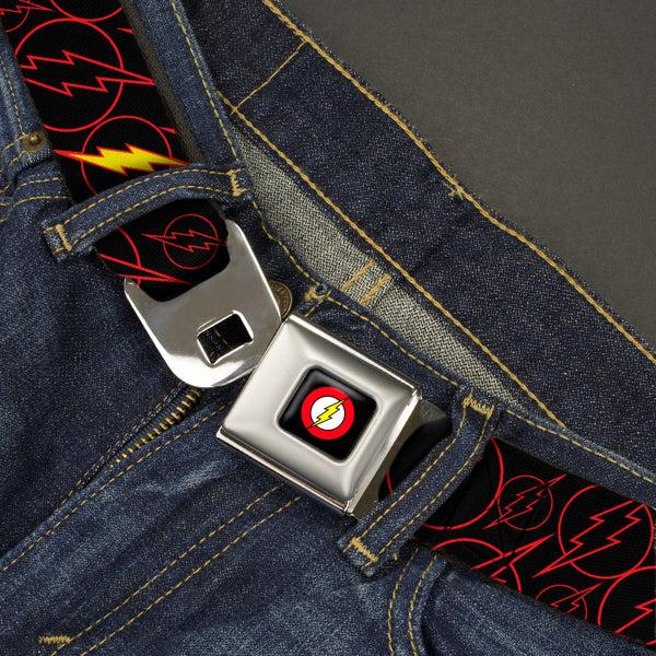 Buckle-Down Flash Logo Full Color Black Seatbelt Belt - The Flash Logo13 Scattered Black/Red/Yellow Webbing