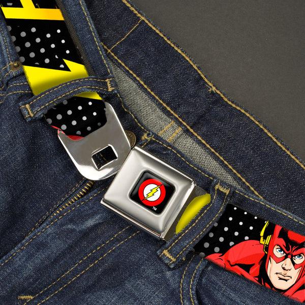 Buckle-Down Flash Logo Full Color Black Seatbelt Belt - THE FLASH Running Action Pose/Lightning Bolt Halftone Dots Black/Grays/Yellows Webbing