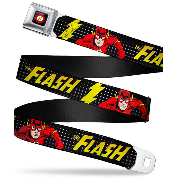 Buckle-Down Flash Logo Full Color Black Seatbelt Belt - THE FLASH Running Action Pose/Lightning Bolt Halftone Dots Black/Grays/Yellows Webbing