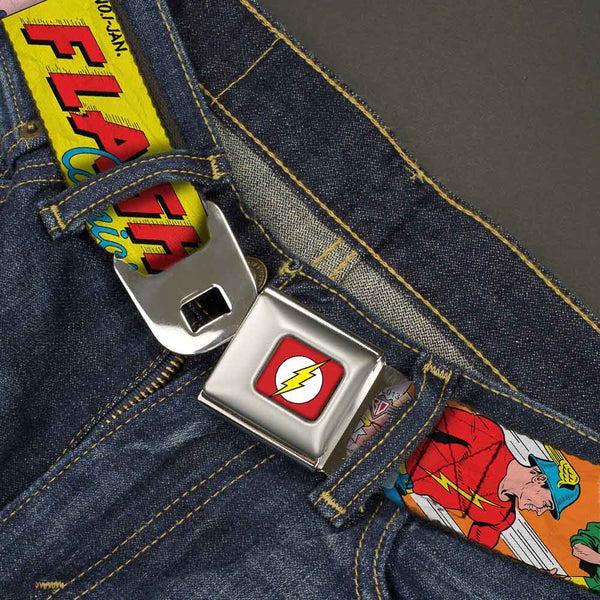 Buckle-Down Flash Logo Full Color Red White Yellow Seatbelt Belt - Classic FLASH COMICS Issue #1 Introducing Flash Cover Pose Webbing