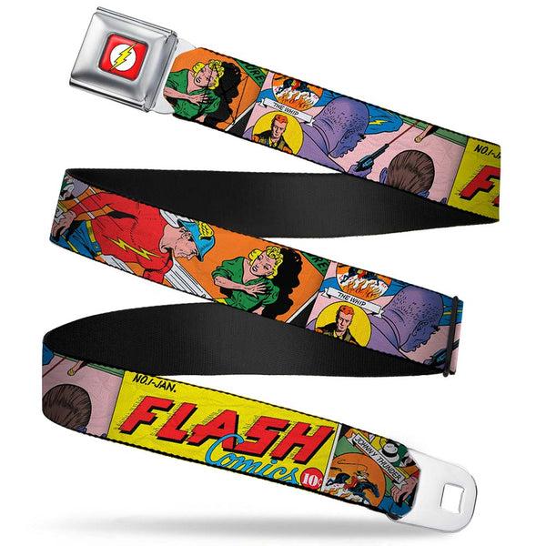 Buckle-Down Flash Logo Full Color Red White Yellow Seatbelt Belt - Classic FLASH COMICS Issue #1 Introducing Flash Cover Pose Webbing