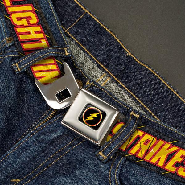 Buckle-Down Flash Logo4 Full Color Black Yellow Red Seatbelt Belt - The Flash Running Poses LIGHTNING STRIKES Grays/Red/Yellow Webbing