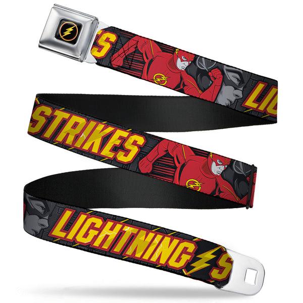 Buckle-Down Flash Logo4 Full Color Black Yellow Red Seatbelt Belt - The Flash Running Poses LIGHTNING STRIKES Grays/Red/Yellow Webbing