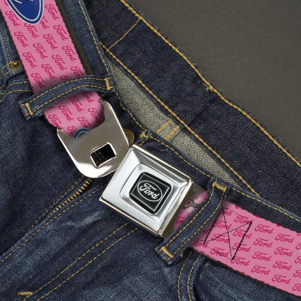Buckle-Down Ford Emblem Seatbelt Belt - Ford Oval W/Text PINK REPEAT Webbing