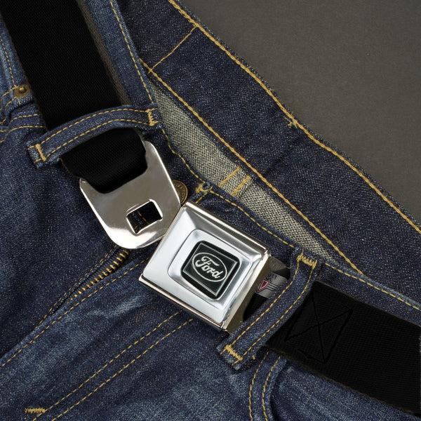 Buckle-Down Ford Emblem Seatbelt Belt - FORD Script Single Black/White Webbing