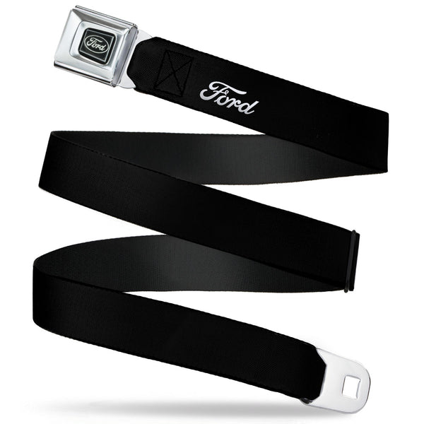 Buckle-Down Ford Emblem Seatbelt Belt - FORD Script Single Black/White Webbing