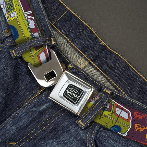 Buckle-Down Ford Emblem Seatbelt Belt - Vintage Ford Bronco-BUCKIN' BRONCO Wine/Red/Orange/Green Webbing