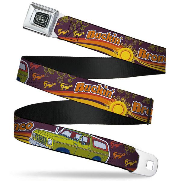 Buckle-Down Ford Emblem Seatbelt Belt - Vintage Ford Bronco-BUCKIN' BRONCO Wine/Red/Orange/Green Webbing