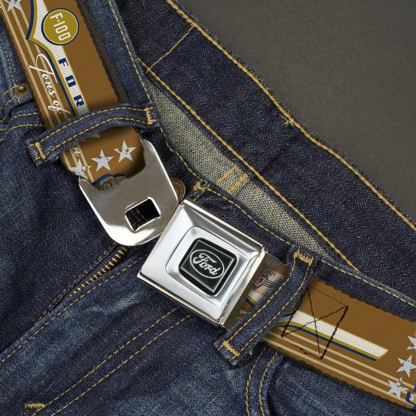 Buckle-Down Ford Emblem Seatbelt Belt - Vintage Ford FORD F-100-TONS OF FUN Tans/Navy Webbing