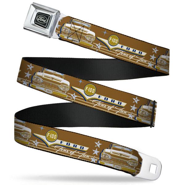 Buckle-Down Ford Emblem Seatbelt Belt - Vintage Ford FORD F-100-TONS OF FUN Tans/Navy Webbing