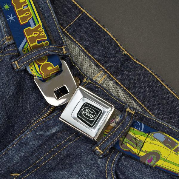 Buckle-Down Ford Emblem Seatbelt Belt - Vintage Ford MAVERICK-RUN WILD BE A MAVERICK Blues/Yellows Webbing