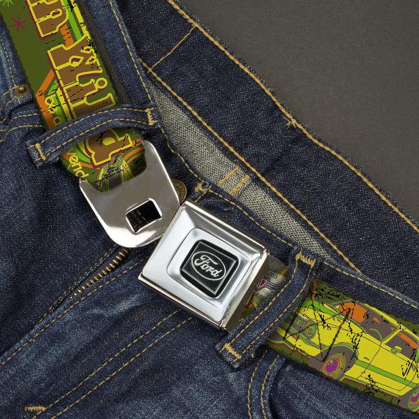 Buckle-Down Ford Emblem Seatbelt Belt - Vintage Ford MAVERICK-RUN WILD BE A MAVERICK Greens/Yellows Webbing