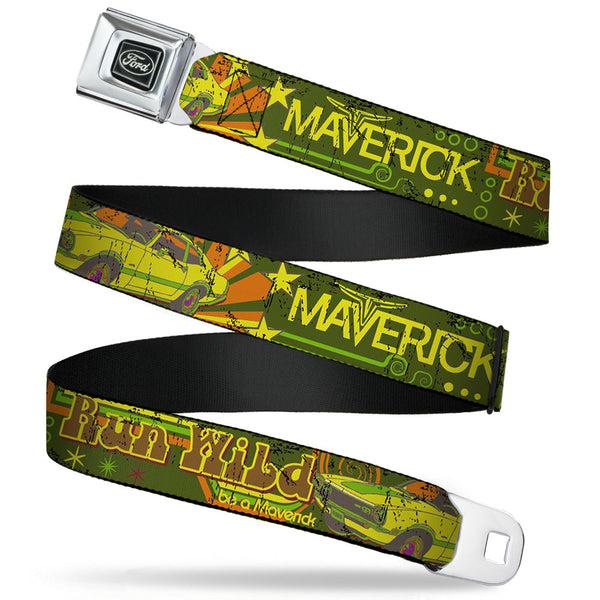 Buckle-Down Ford Emblem Seatbelt Belt - Vintage Ford MAVERICK-RUN WILD BE A MAVERICK Greens/Yellows Webbing