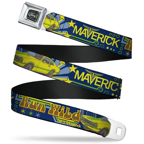 Buckle-Down Ford Emblem Seatbelt Belt - Vintage Ford MAVERICK-RUN WILD BE A MAVERICK Blues/Yellows Webbing