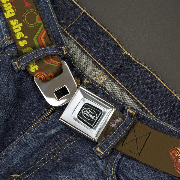 Buckle-Down Ford Emblem Seatbelt Belt - Vintage Ford THUNDERBIRD-THEY SAY SHE'S FAST Browns/Yellows Webbing
